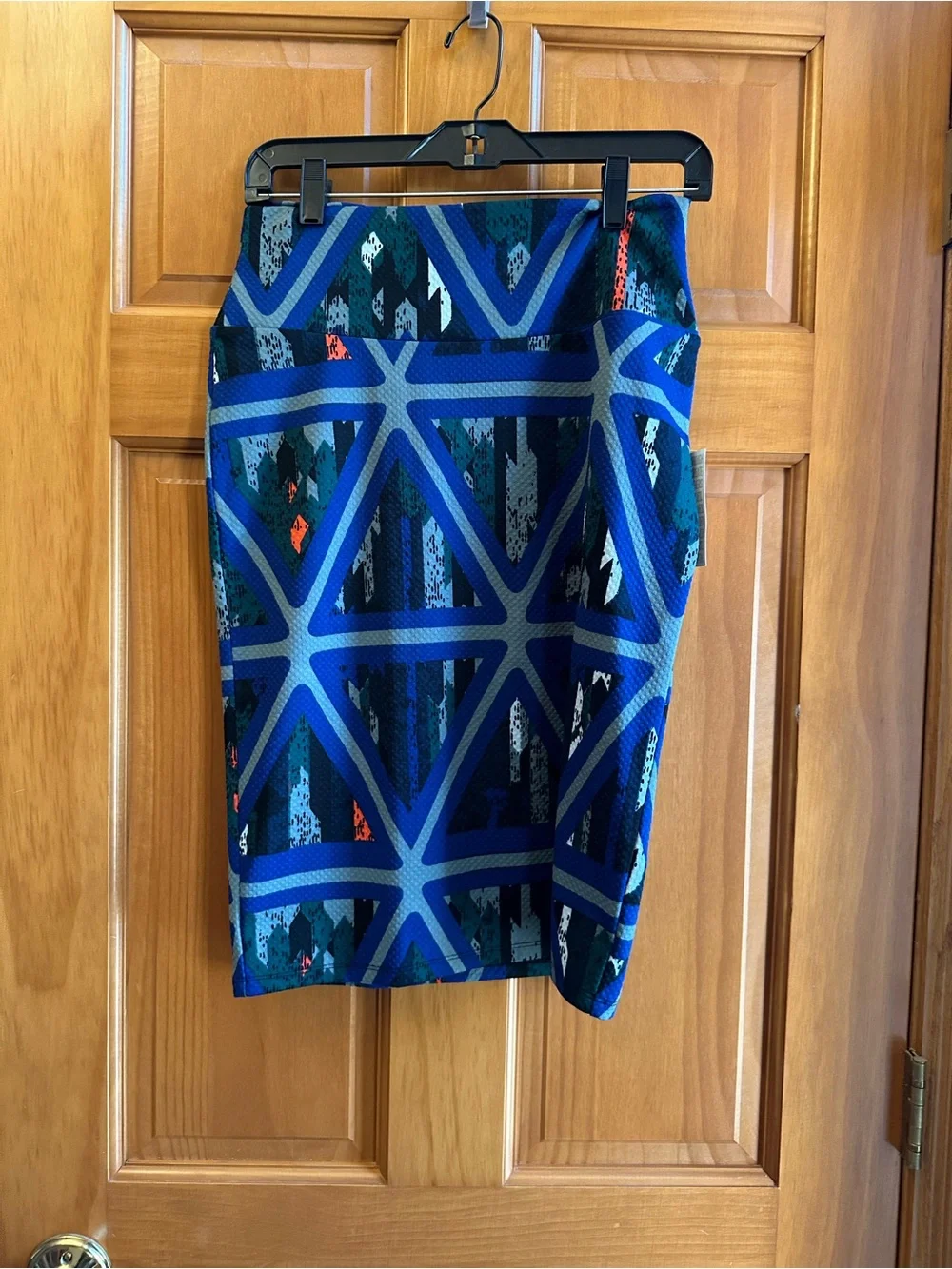 LuLaRoe Cassie Blue Geometric Pencil Skirt with Teal and Coral Accents